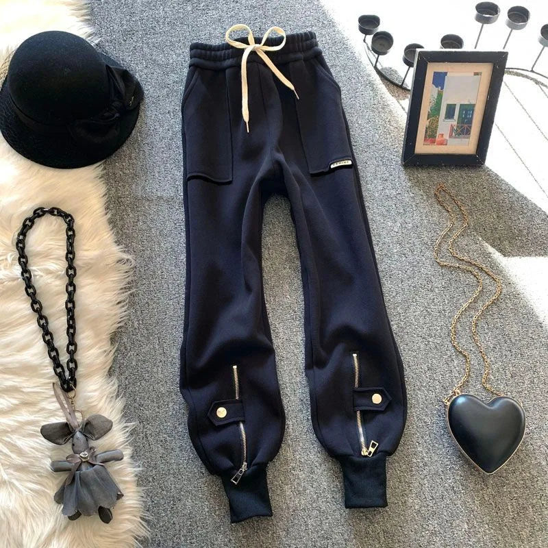High Waist Fleece Lined Casual Harlan Sweatpants Women's Autumn Winter Trendy Slimming Korean Style Sports Cuffed Pants