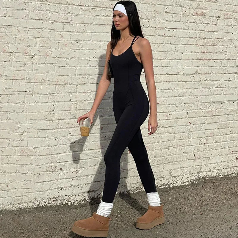 Europe, America 2025 New Fashion Jumpsuit Solid Color Cross Suspenders Adjustable Yoga Fitness Clothes