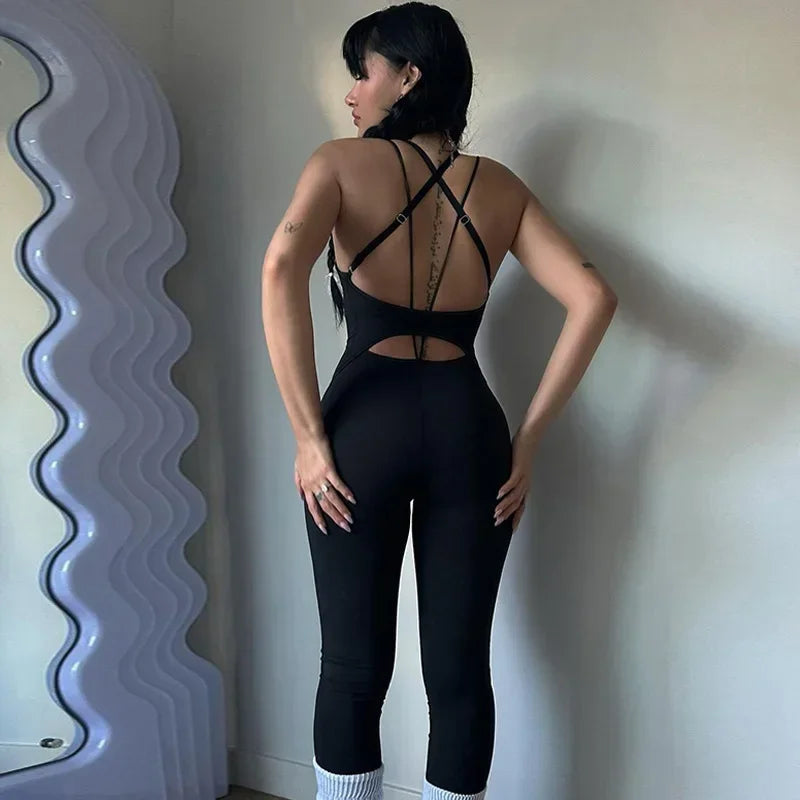 Europe, America 2025 New Fashion Jumpsuit Solid Color Cross Suspenders Adjustable Yoga Fitness Clothes