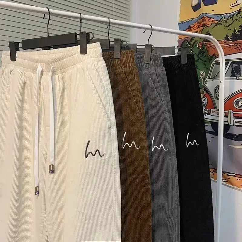 Corduroy Pants for Couples Simple Embroidery High Waist Loose Fit Sports Trousers Autumn Winter Casual Loose Cuffed Joggers