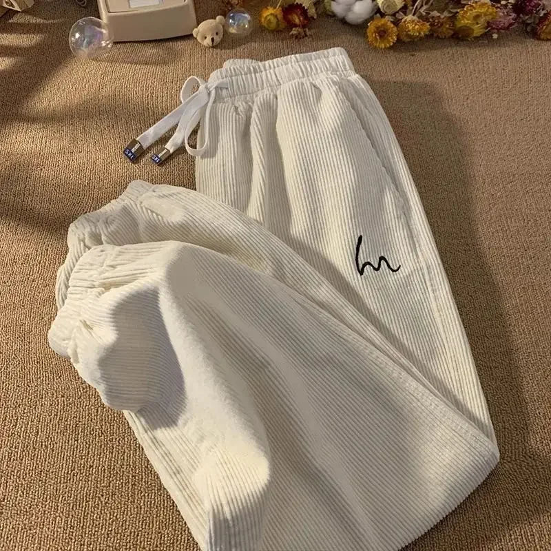 Corduroy Pants for Couples Simple Embroidery High Waist Loose Fit Sports Trousers Autumn Winter Casual Loose Cuffed Joggers