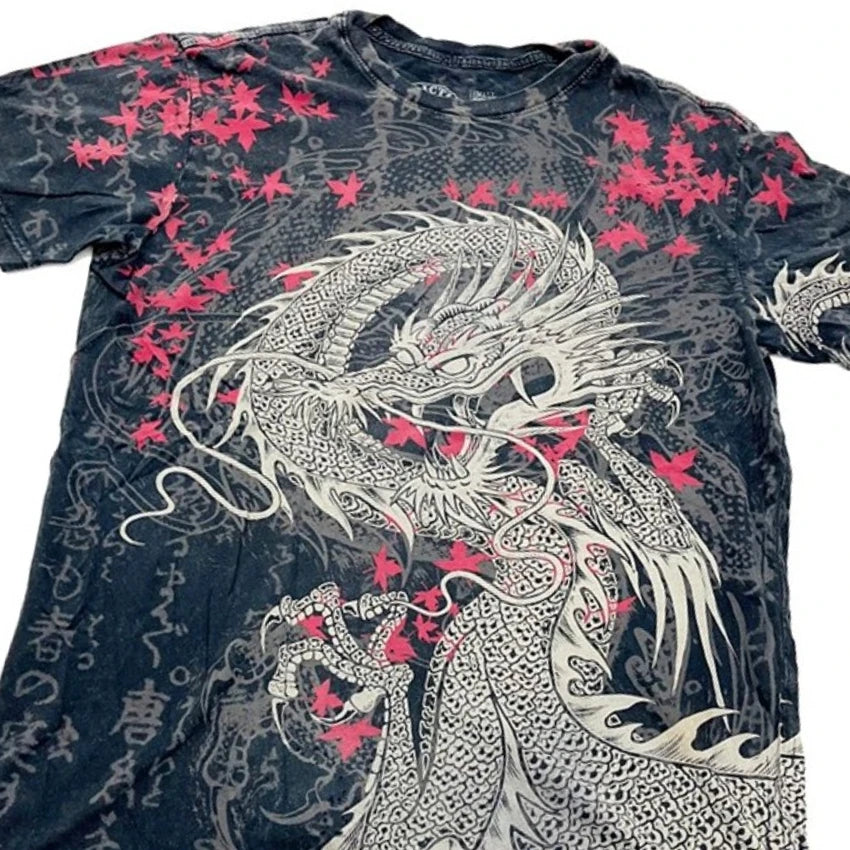 Japan Wash Black Short Sleeves Dragon Printing Y2K Women's Clothes T Shirt Tide Gothic Men's Vintage Tour Tee