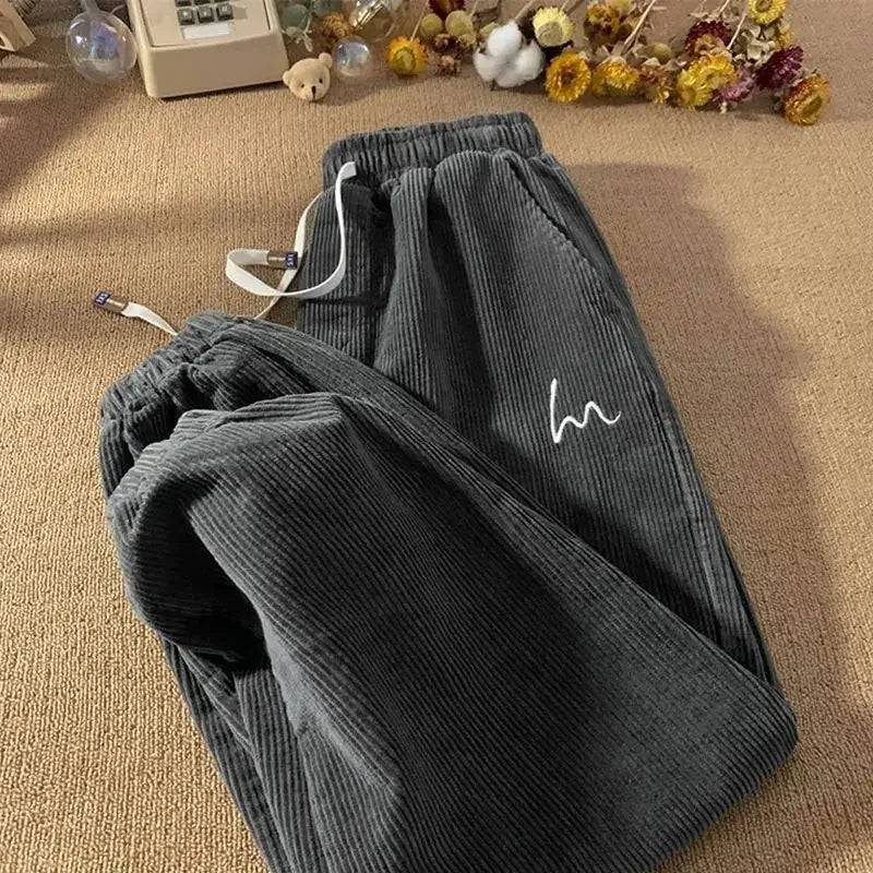 Corduroy Pants for Couples Simple Embroidery High Waist Loose Fit Sports Trousers Autumn Winter Casual Loose Cuffed Joggers