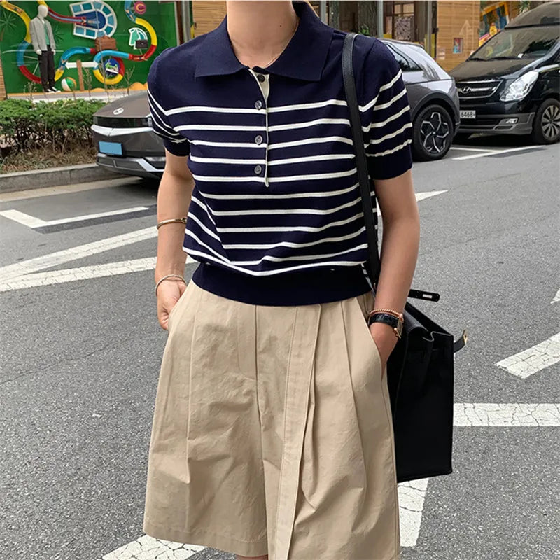 Women's POLO T-shirt Summer New Wool Knitted Short Sleeve Casual Striped Blouse Ladies' Clothes Lapel Pullover Tees Loose Tops