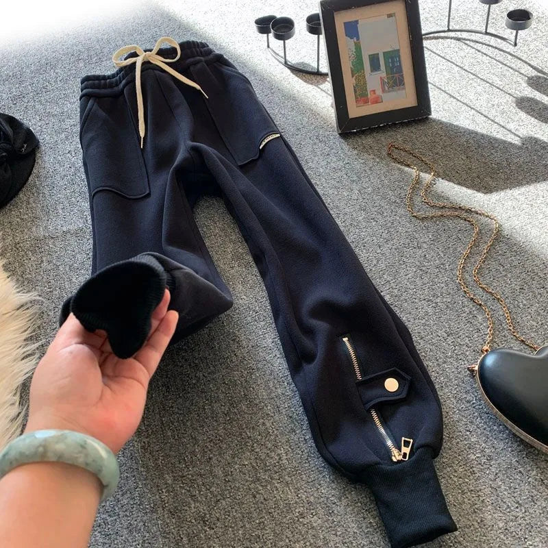 High Waist Fleece Lined Casual Harlan Sweatpants Women's Autumn Winter Trendy Slimming Korean Style Sports Cuffed Pants