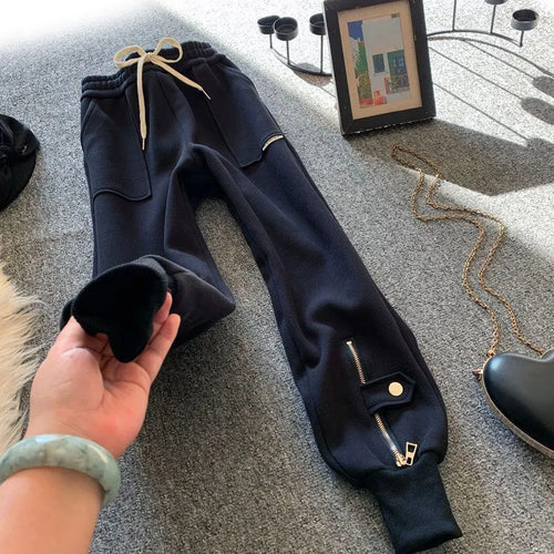 High Waist Fleece Lined Casual Harlan Sweatpants Women's Autumn Winter Trendy Slimming Korean Style Sports Cuffed Pants